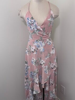 Strut & Bolt Small Pink Floral High Low Maxi Dress ~ Ruffle Hem Spaghetti Straps